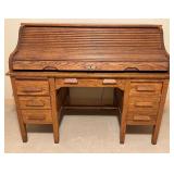 LLO - Vintage Oak S-Curve Roll Top Desk with Drawers and Cubbies