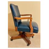 LLO- Vintage Blue Leather Office Chair with Wood Frame and Casters