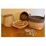 LL - Collection of 4 Handwoven Baskets and 13 Inspirational River Stones