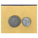 2 - Silver Coins / 1920 B Swiss Silver Franc & 1957 Roosevelt Dime