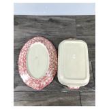 Vintage Country Crafts Pottery Casserole Dish & Oval Platter with Apple Design