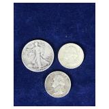 3 - Silver Coins - 1943 Walking Liberty Half Dollar (1) & 2 - 1964 Washington Quarters