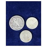 3 - Silver Coins - 1943 Walking Liberty Half Dollar (1) & 2 - 1964 Washington Quarters
