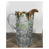 Vintage Pitcher and 6 Glasses - Gold Trim with Green Bullseyes