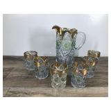 Vintage Pitcher and 6 Glasses - Gold Trim with Green Bullseyes