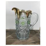 Vintage Pitcher and 6 Glasses - Gold Trim with Green Bullseyes