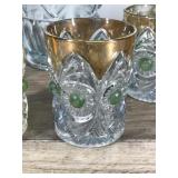 Vintage Pitcher and 6 Glasses - Gold Trim with Green Bullseyes