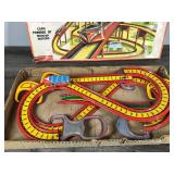 Vintage Tin Litho Playland Roller Coaster with Wind Up Car and Track