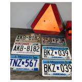 Orange Metal Triangle Caution Sign, Several License Plates and Triangle Reflector Kit