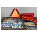 Orange Metal Triangle Caution Sign, Several License Plates and Triangle Reflector Kit