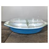 Vintage Pyrex Light Blue Divided Casserole Dish with Clear Top 1 1/2 Quart #29 & Pyrex Forest Fancies Mushroom Casserole Dish #473-B