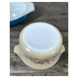 Vintage Pyrex Light Blue Divided Casserole Dish with Clear Top 1 1/2 Quart #29 & Pyrex Forest Fancies Mushroom Casserole Dish #473-B