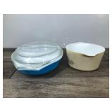 Vintage Pyrex Light Blue Divided Casserole Dish with Clear Top 1 1/2 Quart #29 & Pyrex Forest Fancies Mushroom Casserole Dish #473-B