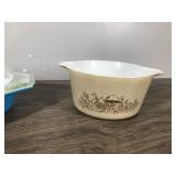 Vintage Pyrex Light Blue Divided Casserole Dish with Clear Top 1 1/2 Quart #29 & Pyrex Forest Fancies Mushroom Casserole Dish #473-B