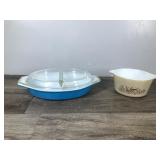 Vintage Pyrex Light Blue Divided Casserole Dish with Clear Top 1 1/2 Quart #29 & Pyrex Forest Fancies Mushroom Casserole Dish #473-B