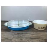 Vintage Pyrex Light Blue Divided Casserole Dish with Clear Top 1 1/2 Quart #29 & Pyrex Forest Fancies Mushroom Casserole Dish #473-B