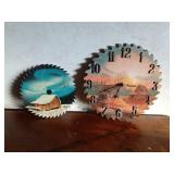 A signed hand-painted saw blade by M. Cadlen 2002 and a hand-painted scenery wood cut out saw blade clock