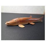 Signed wood fishing Spearing decoy with metal fins