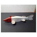 Signed wood fishing spearing decoy with metal fins