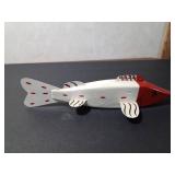 Signed wood fishing spearing decoy with metal fins