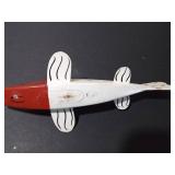 Signed wood fishing spearing decoy with metal fins