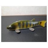 Vintage wood fishing spearing decoy with metal fins
