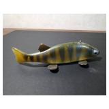 Vintage wood fishing spearing decoy with metal fins