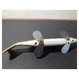 Vintage wood fishing spearing decoy with metal fins