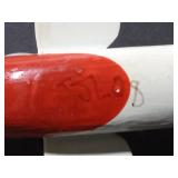Signed wood fishing spearing decoy with metal fins