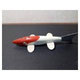 Signed wood fishing spearing decoy with metal fins
