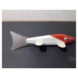 Signed wood fishing spearing decoy with metal fins