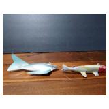 2 fishing spearing Wood decoys with metal fins