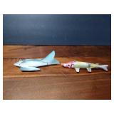 2 fishing spearing Wood decoys with metal fins