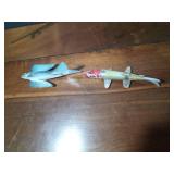 2 fishing spearing Wood decoys with metal fins