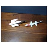 2 fishing spearing Wood decoys with metal fins