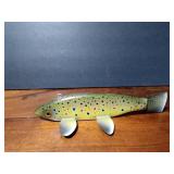Signed wood fishing spearing decoy with metal fins