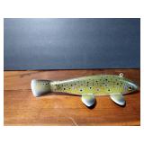 Signed wood fishing spearing decoy with metal fins
