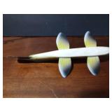 Signed wood fishing spearing decoy with metal fins