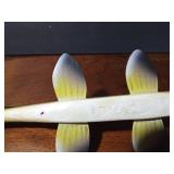 Signed wood fishing spearing decoy with metal fins