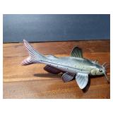 Fishing spearing Wood signed catfish decoy with metal fins