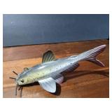 Fishing spearing Wood signed catfish decoy with metal fins