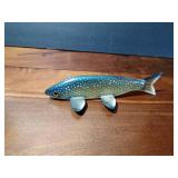 Signed wood fish decoy with metal fins