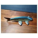 Signed wood fish decoy with metal fins