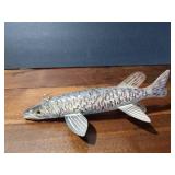 Signed wood fish decoy with metal fins