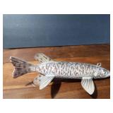 Signed wood fish decoy with metal fins