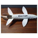 Signed wood fish decoy with metal fins