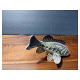 Signed wood fish decoy with metal fins