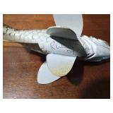 Signed wood fish decoy with metal fins