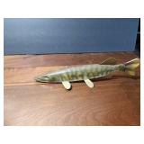 Signed wood fish decoy with metal fins