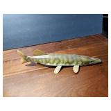 Signed wood fish decoy with metal fins